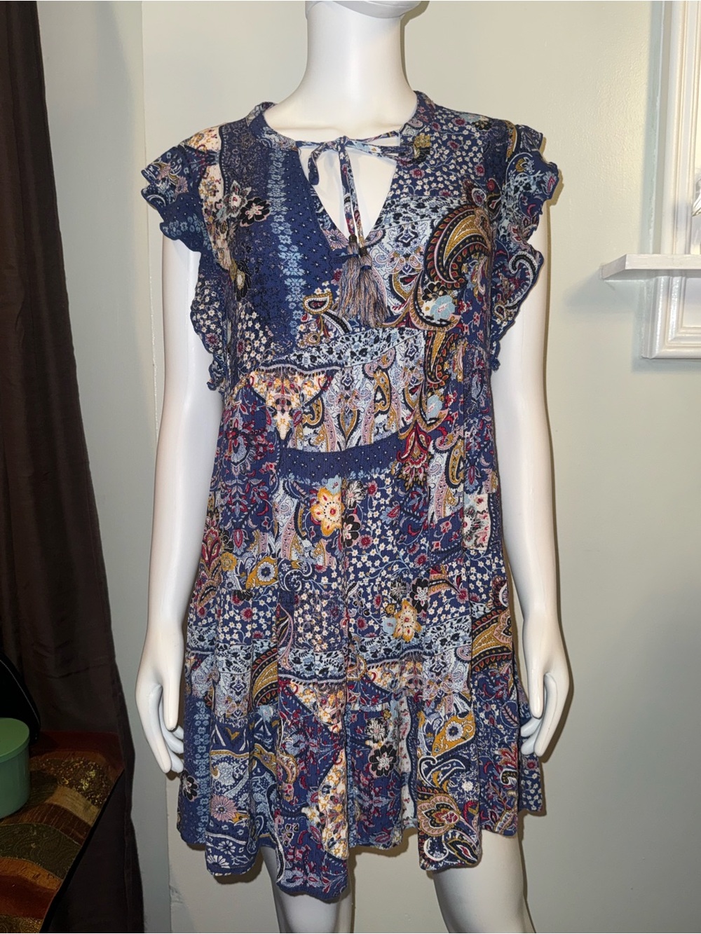 Knox Rose Navy Multi Paisley Floral Mini Dress with Tassel Tie